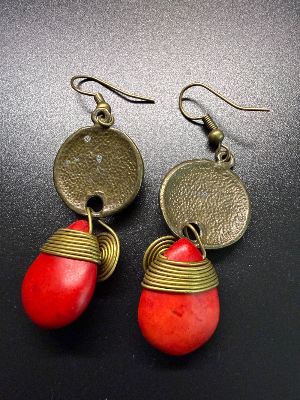 Thai Red Faux Stone Spiral Drop Earrings - Picture 3 of 3